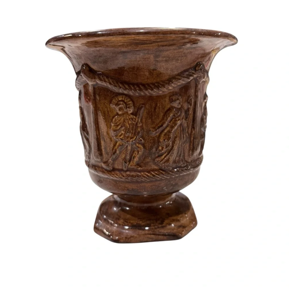 Vintage Mid Century Greek “ATHENS” Relief Vase Brown Glazed Pottery Classical